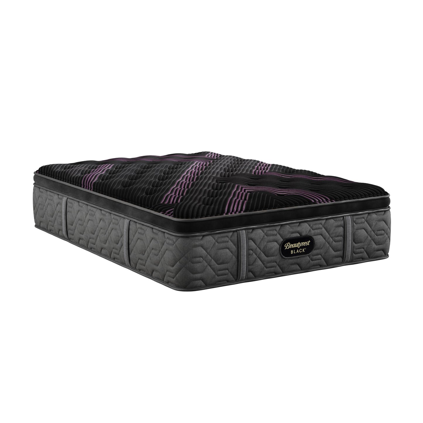 Gray and black mattress with purple accents on a white background