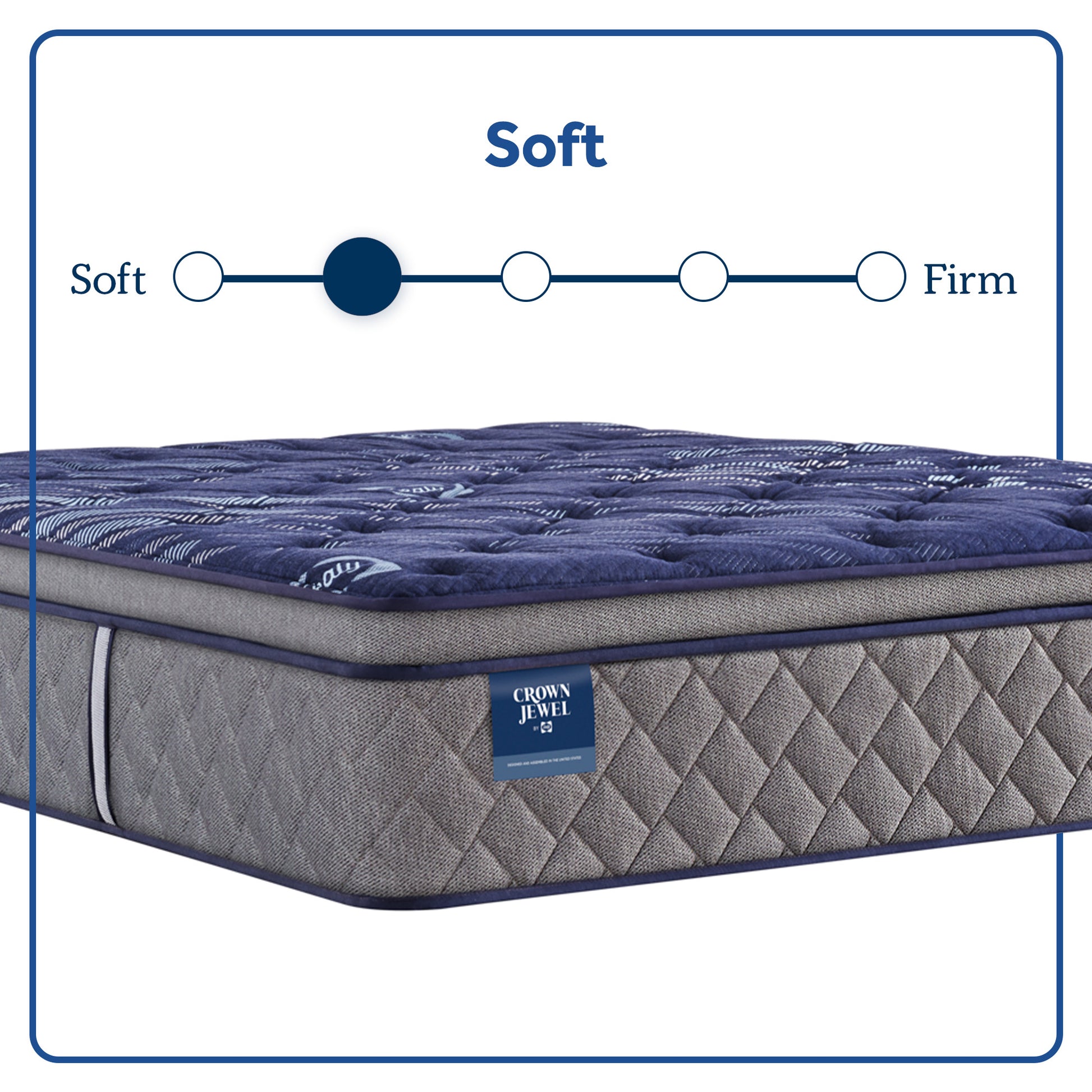 Mattress with 'Soft' and ' Firm' rating scale and Crown Jewel logo.
