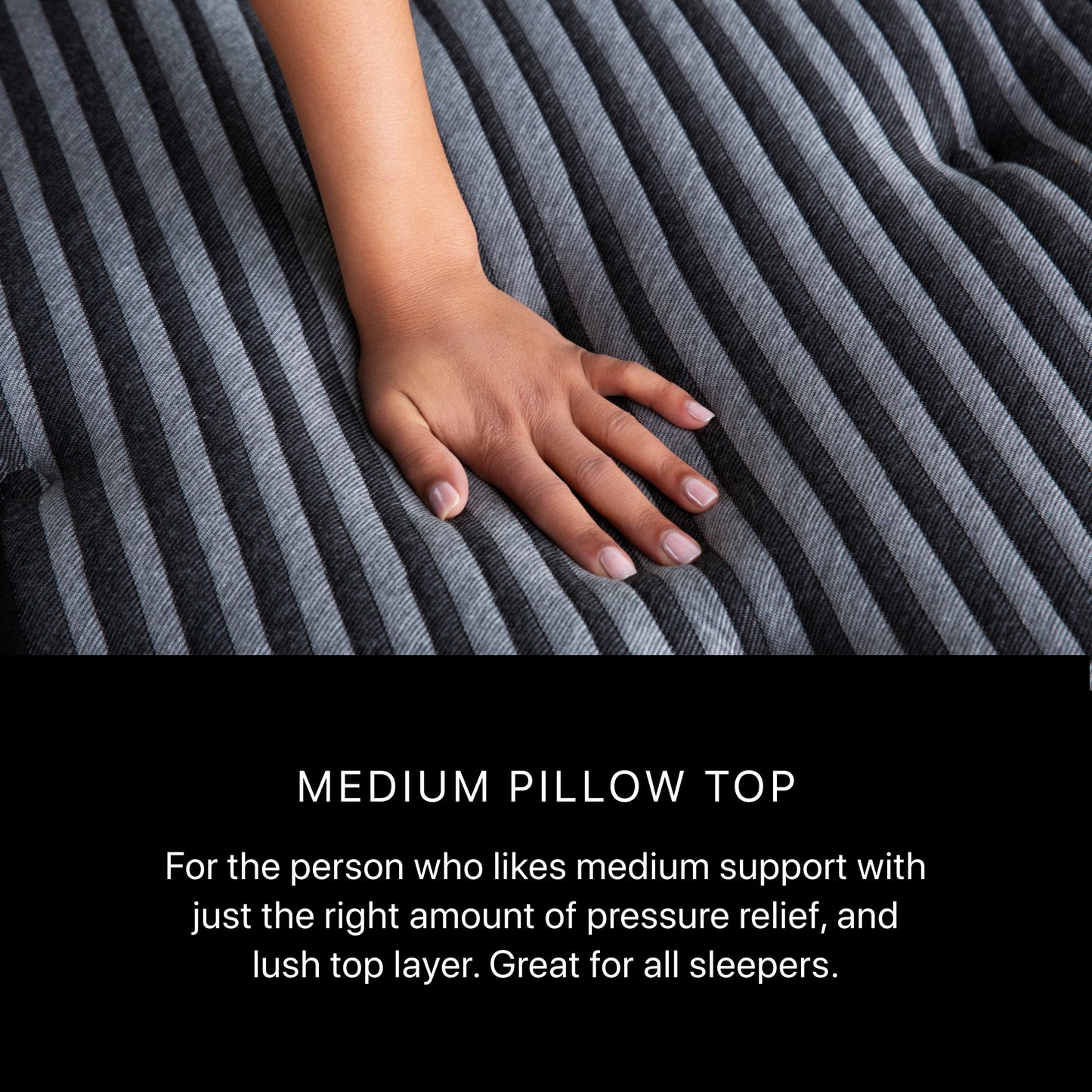 Hand on a textured gray pillow with product description text.