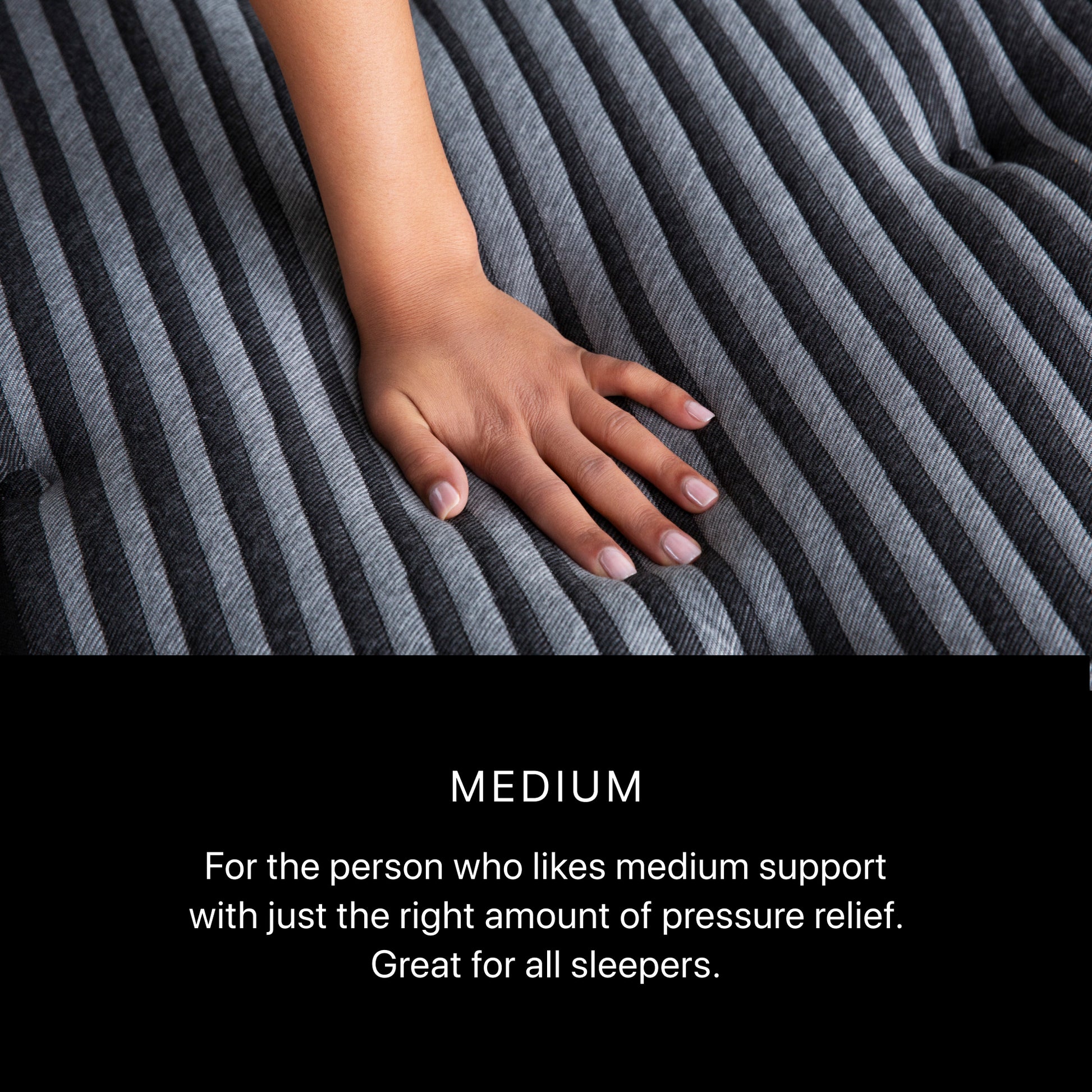 Hand on a textured surface with text describing medium support and pressure relief.