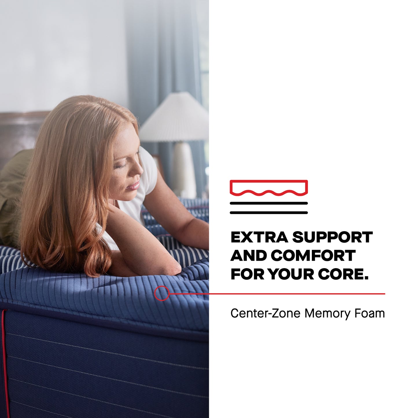 Woman lying on a mattress with text about center-zone memory foam support.