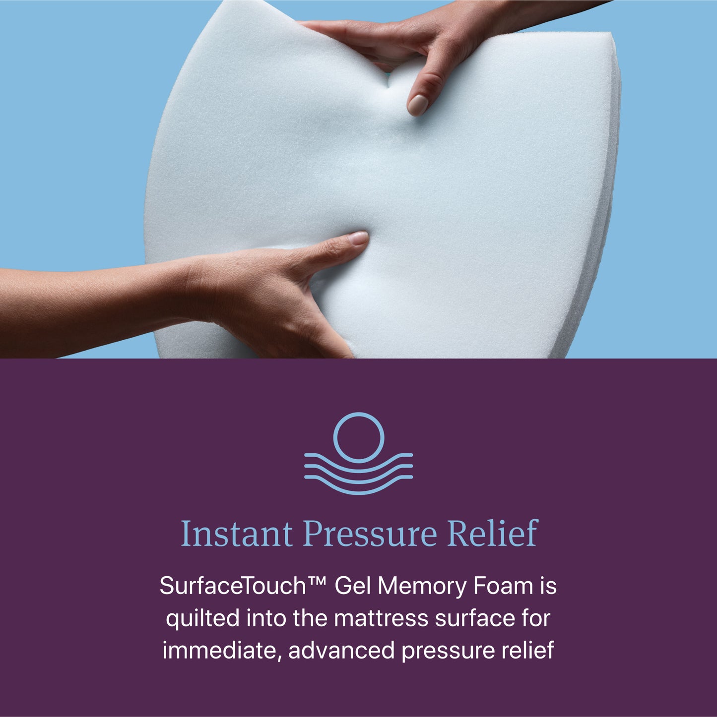 Mattress topper with hands pressing down, featuring SurfaceTouch Gel Memory Foam branding.