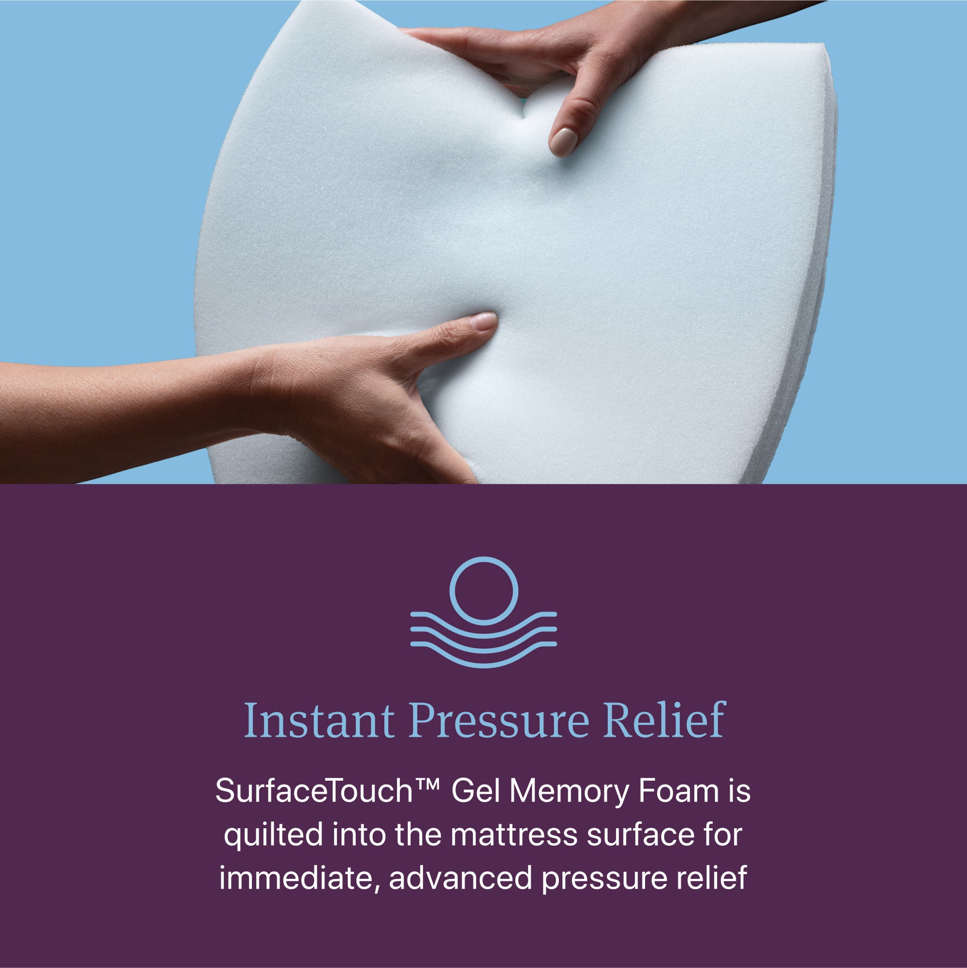 Mattress topper with hands pressing down, featuring SurfaceTouch Gel Memory Foam branding.
