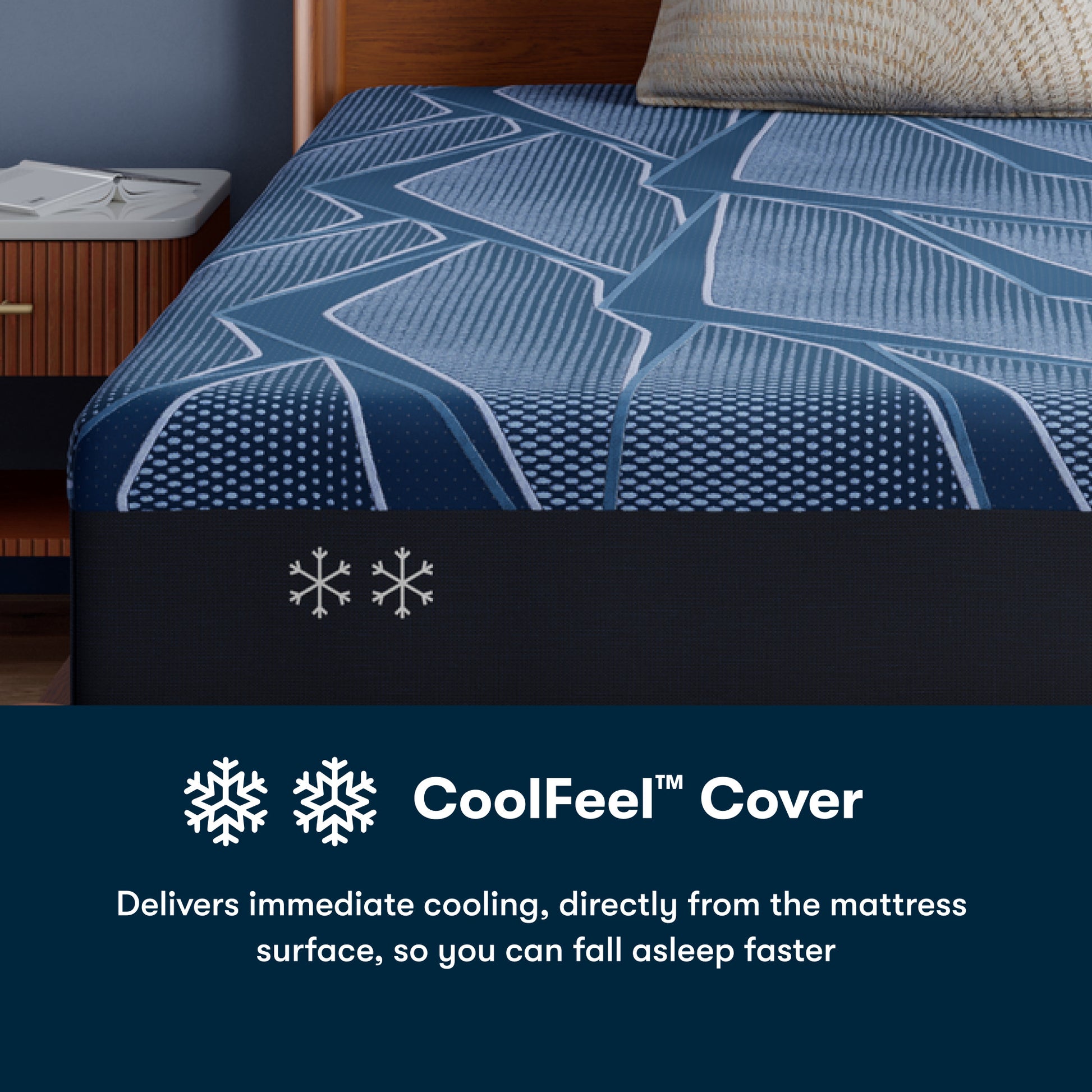 Blue mattress cover with 'CoolFeel' branding on a bed in a bedroom setting.