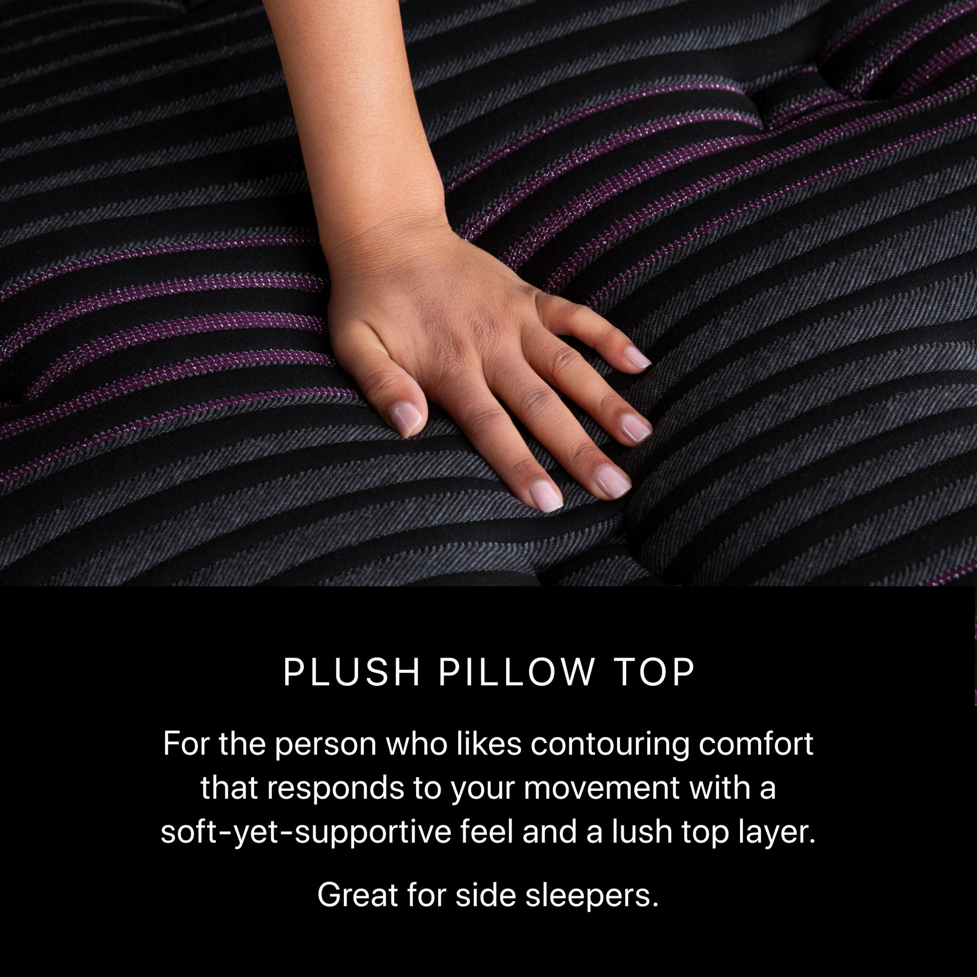 Hand resting on a plush pillow top with descriptive text below.