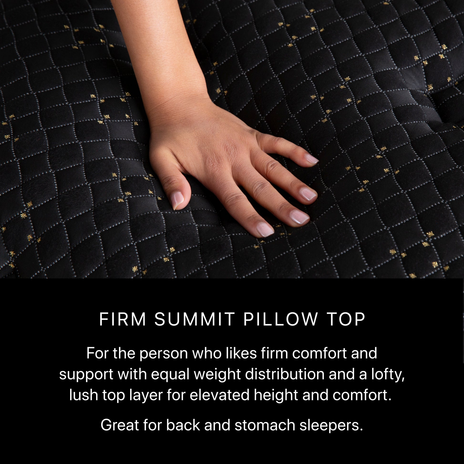 Hand on a quilted black pillow top with product description text.