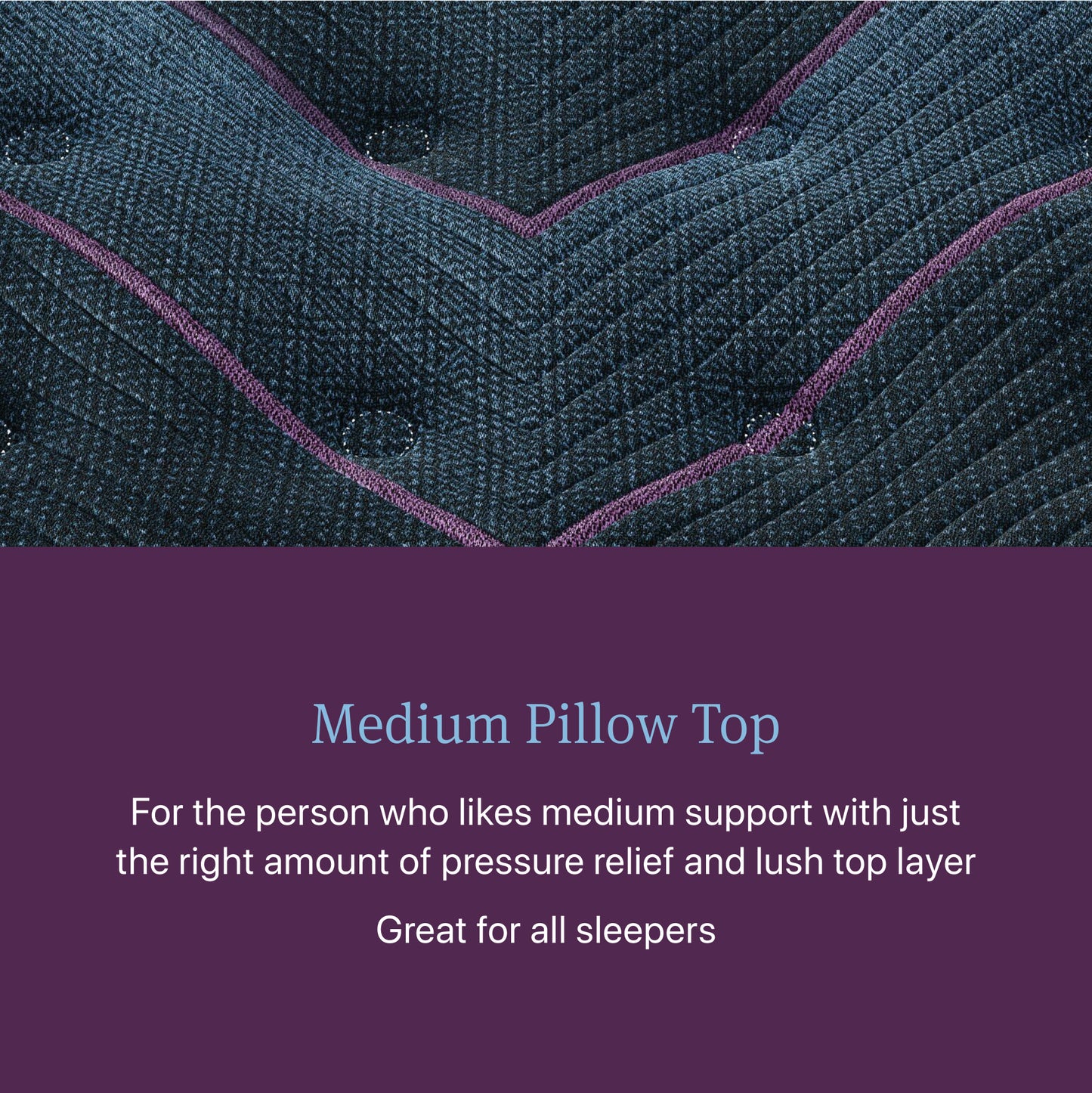 Text description of a medium pillow top with purple stitching on a textured fabric background.