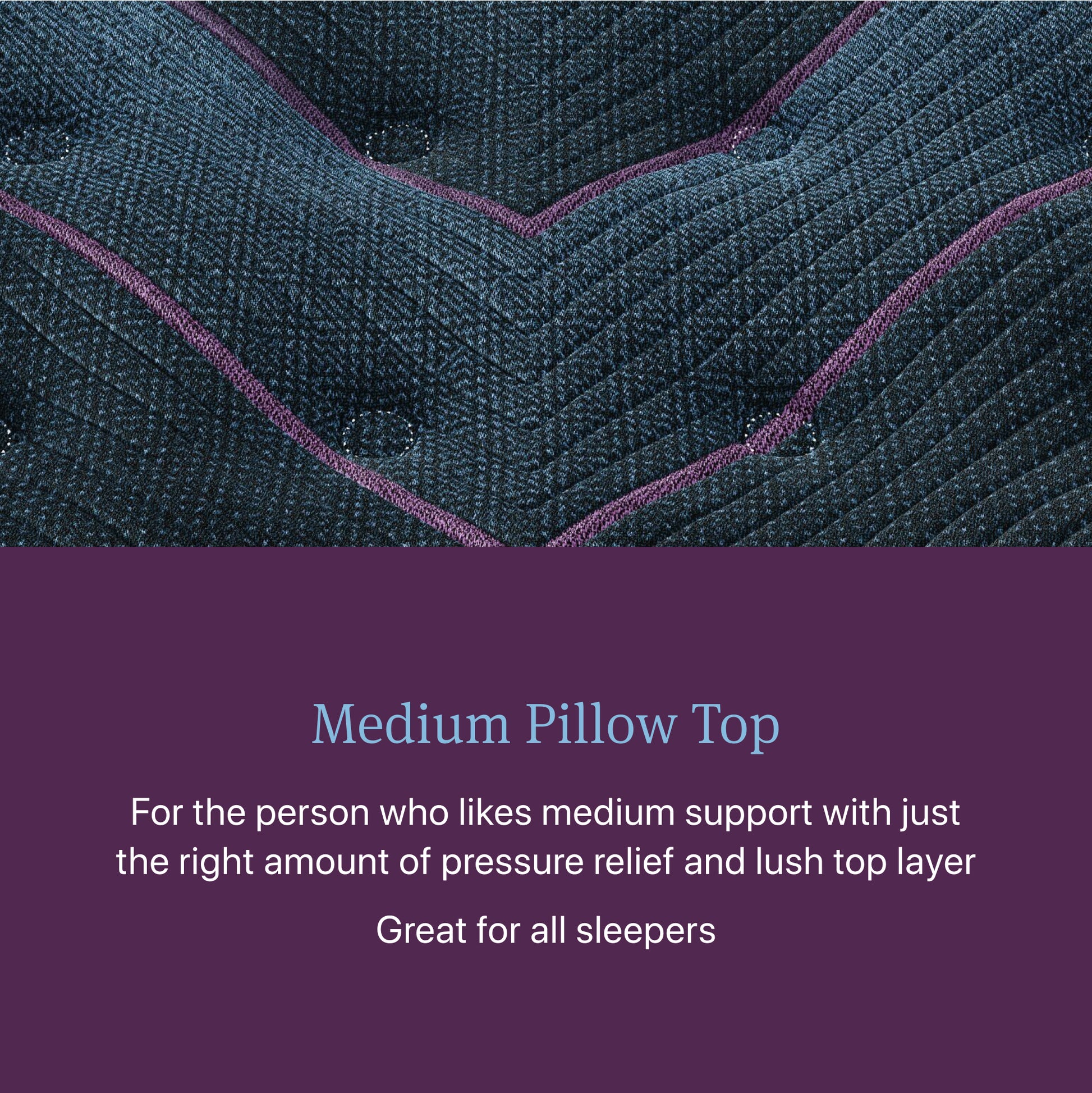 Text description of a medium pillow top with purple stitching on a textured fabric background.
