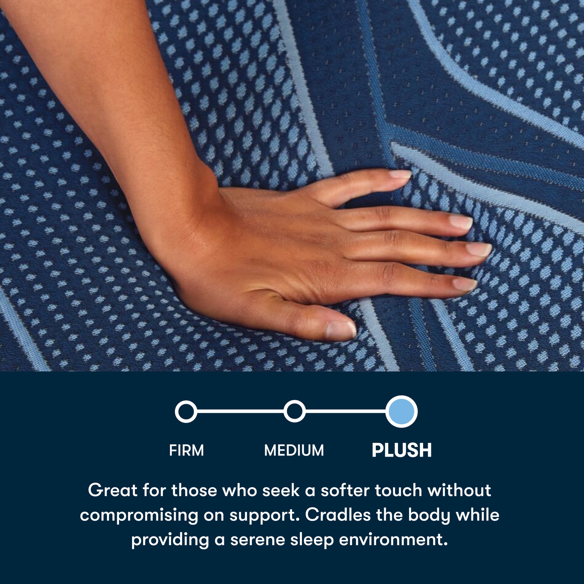 Hand on a blue textured blanket with text describing comfort levels.