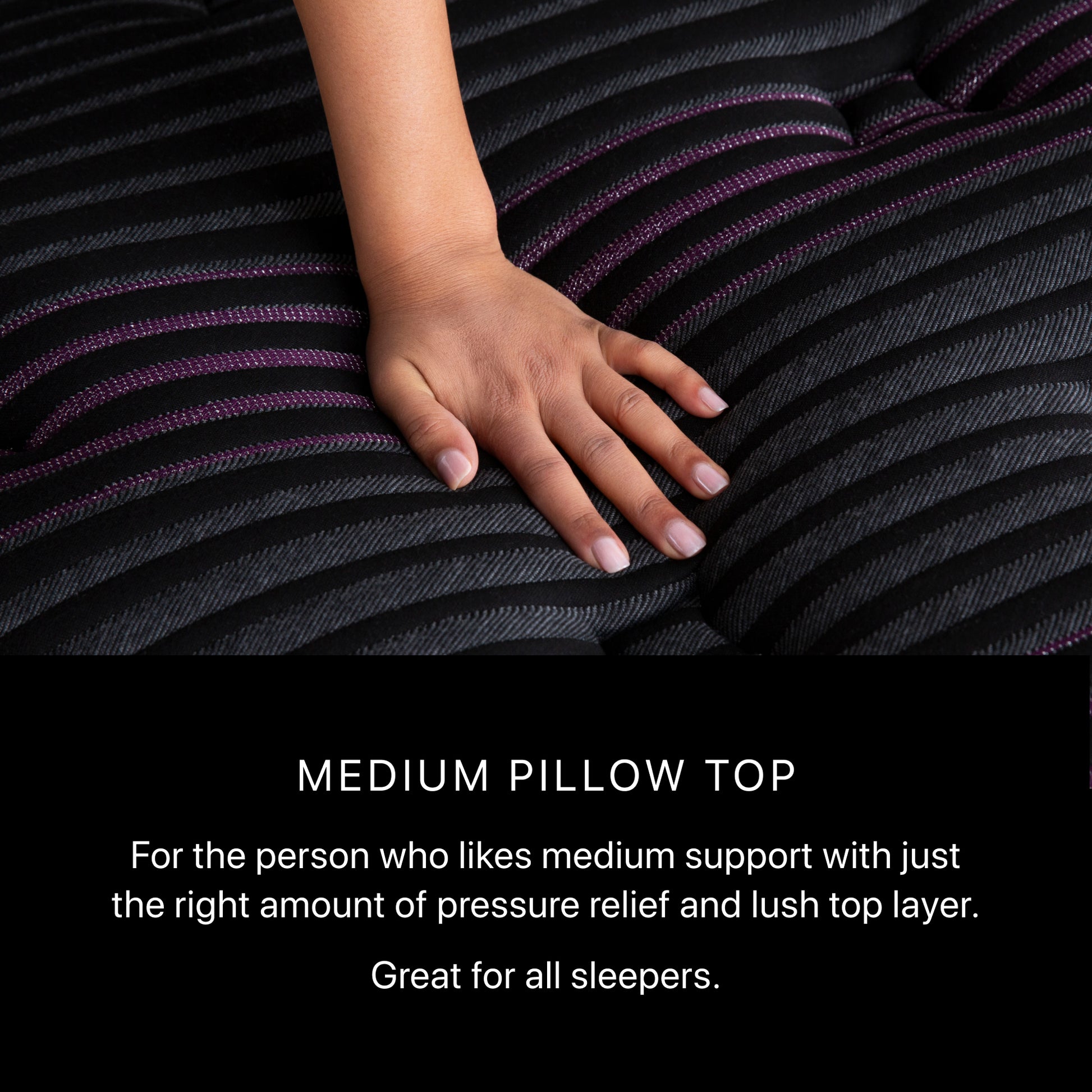 Hand on a medium pillow top with descriptive text below.