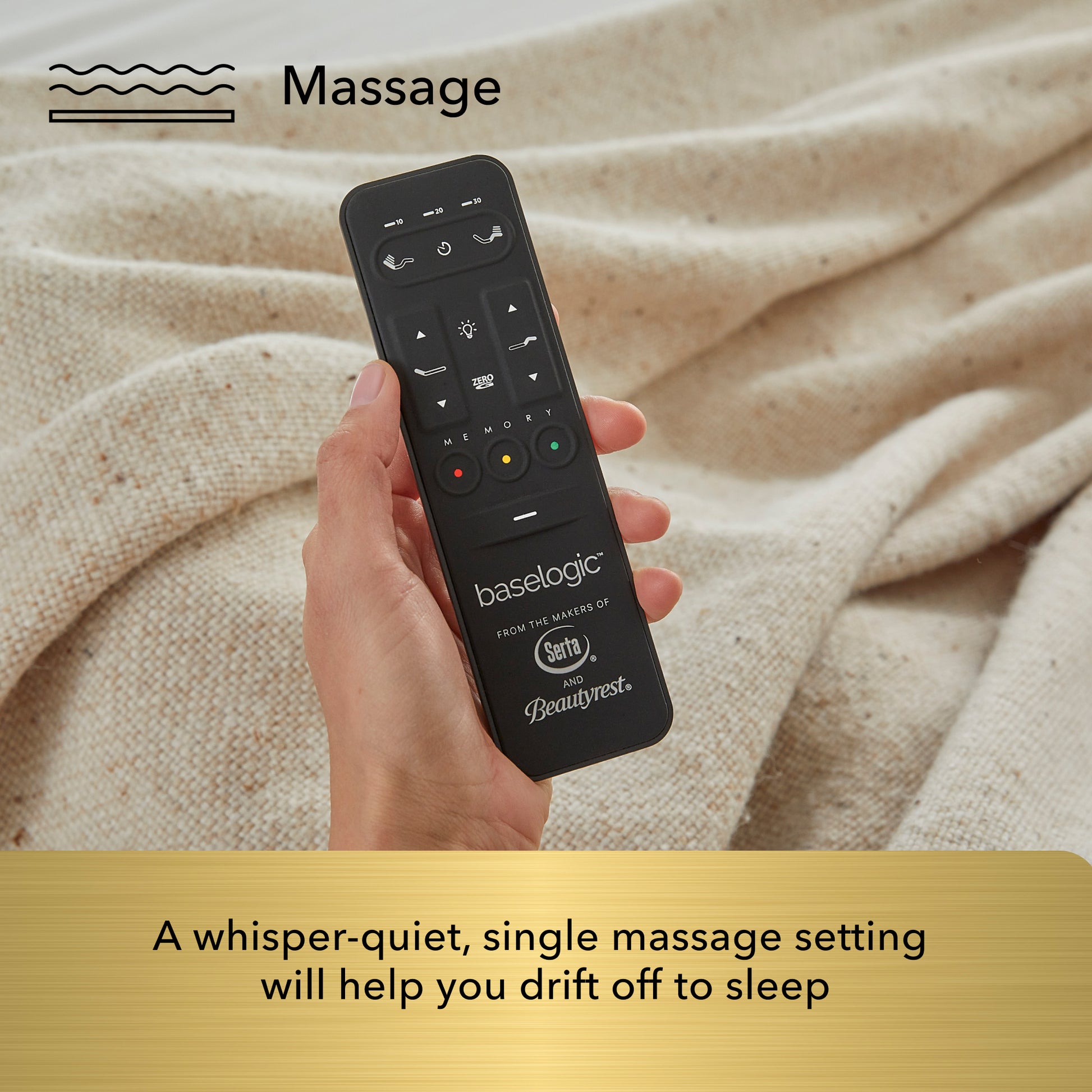 Hand holding a remote control with 'baselogic' branding on a textured fabric background.