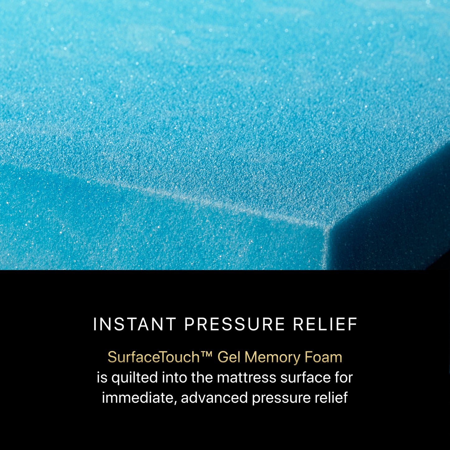 Close-up of blue gel memory foam with text about instant pressure relief.