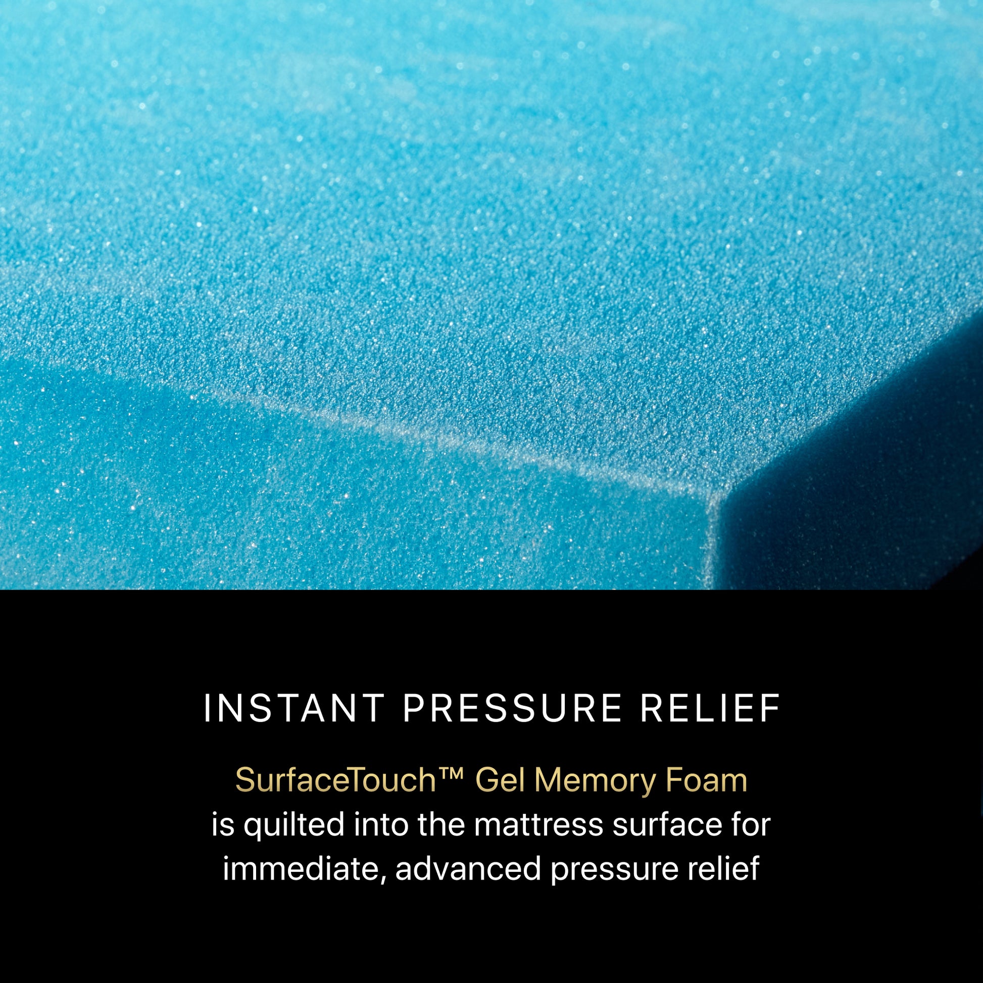 Close-up of blue gel memory foam with text about instant pressure relief.