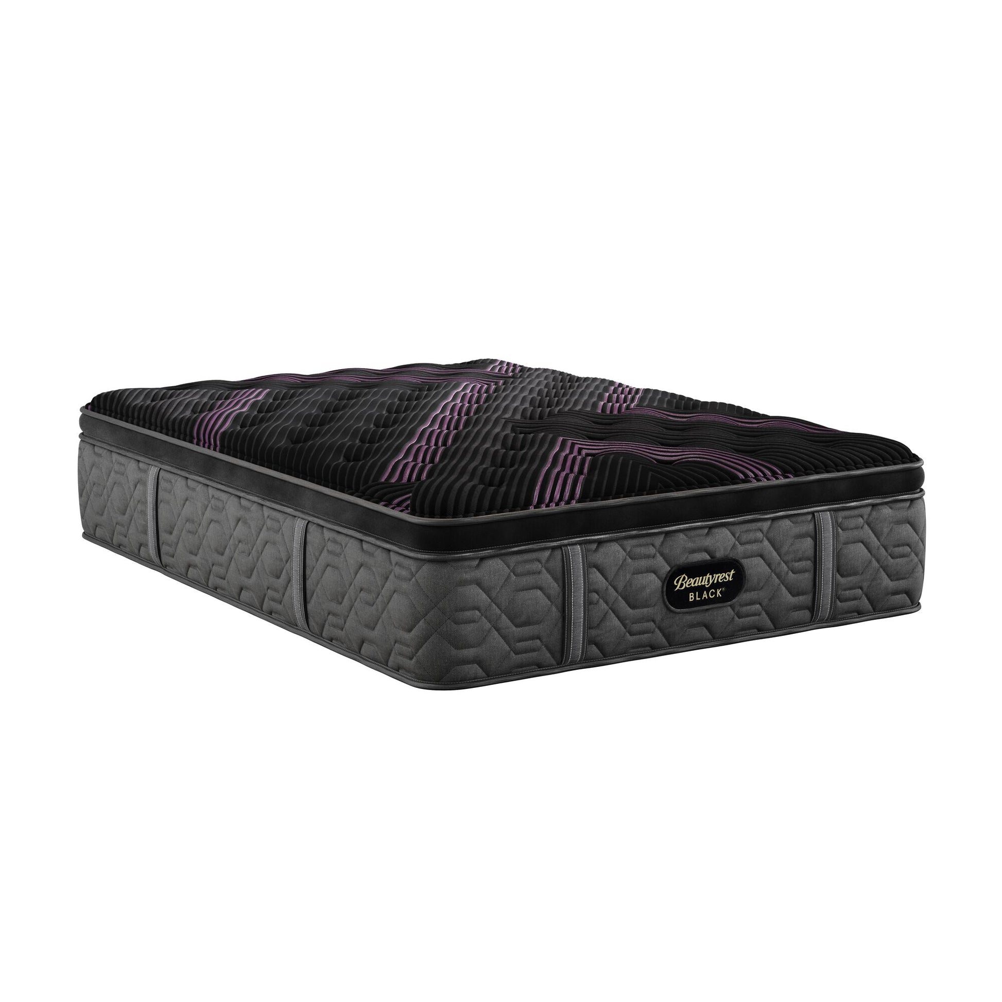 Gray and black mattress with purple accents on a white background