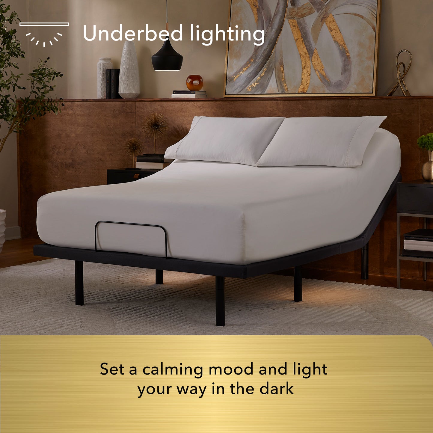 Bed with underbed lighting feature in a bedroom setting
