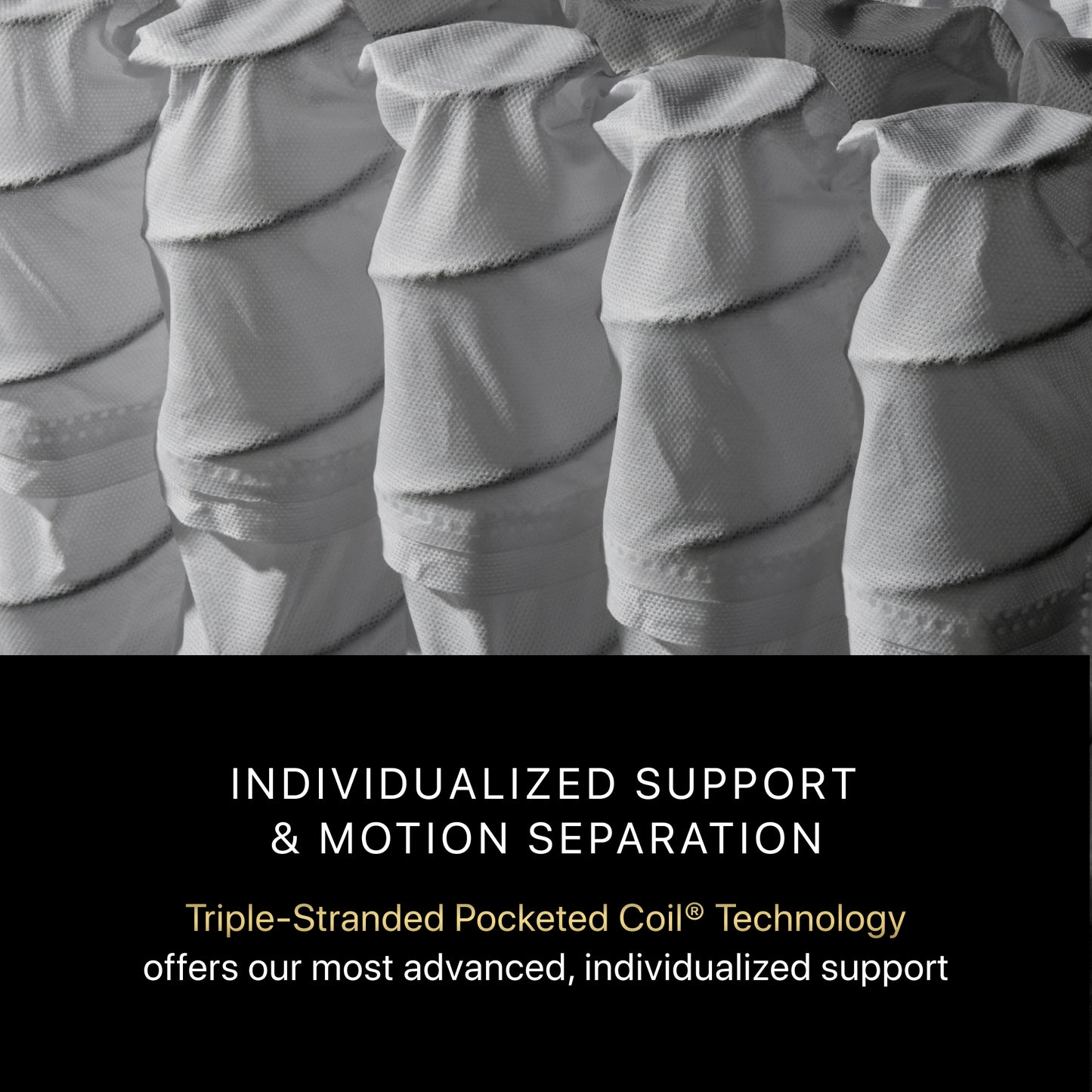 Close-up of a mattress coil with text about individualized support and motion separation.
