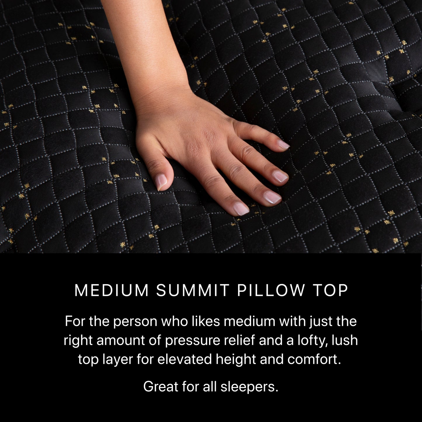 Hand on a quilted black pillow top with product description text.