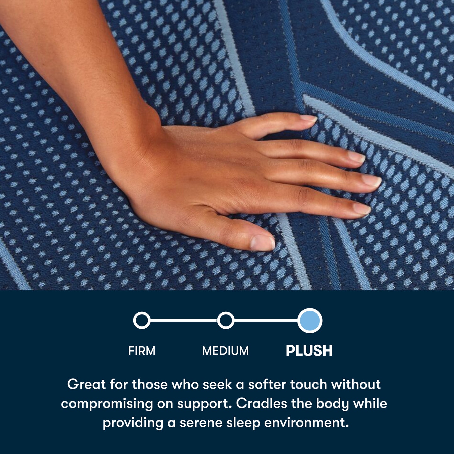 Hand on a textured blue blanket with text describing its softness and support.