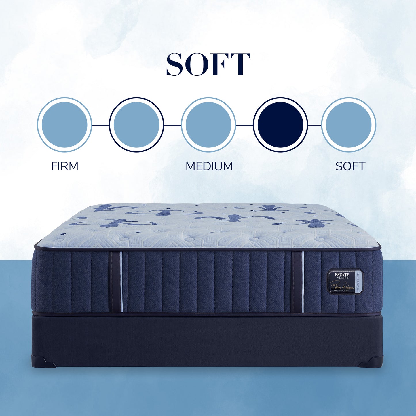 Blue mattress with comfort level scale on a light blue background