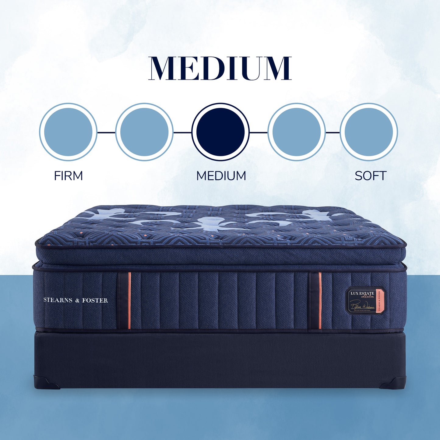 Blue mattress with firmness scale labeled 'Medium' on a light blue background