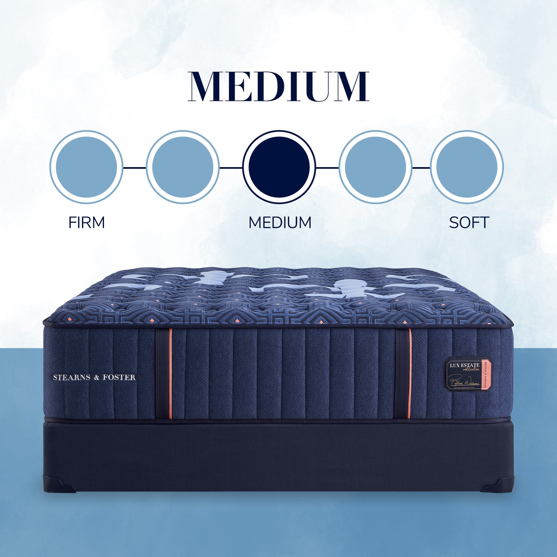 Blue mattress with firmness scale labeled 'Medium' on a light blue background