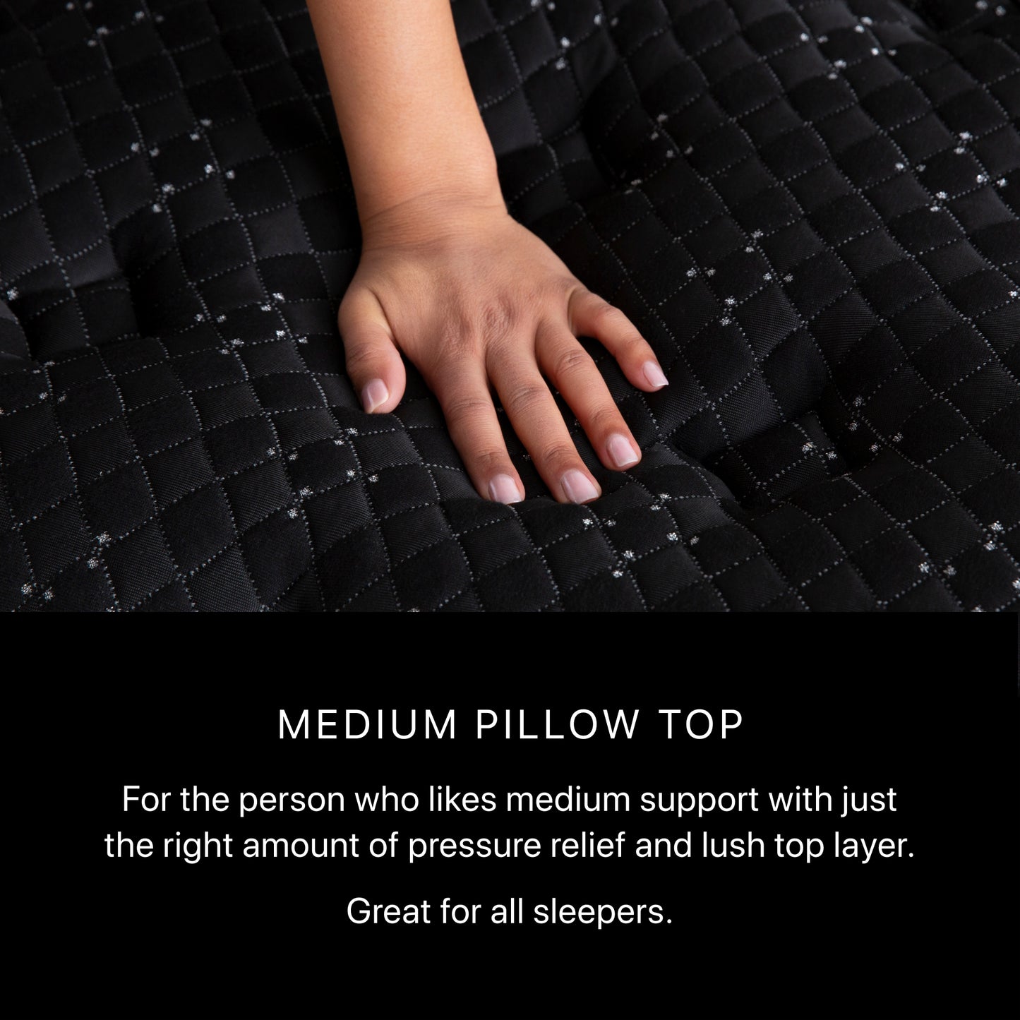 Hand on a black quilted pillow top with text describing its features.