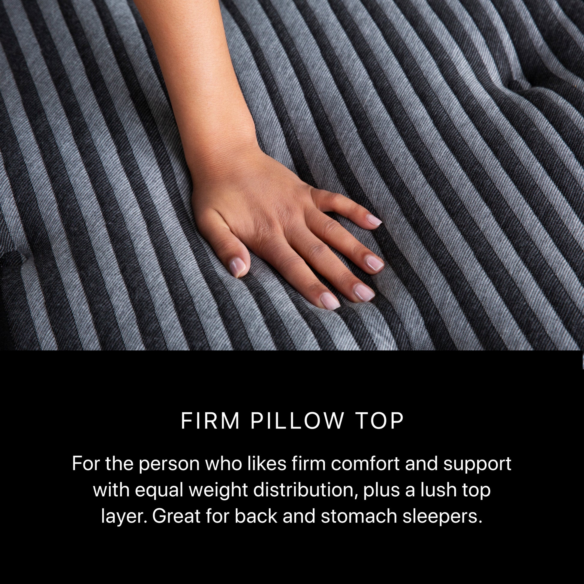 Hand on a firm pillow top with text describing its features.