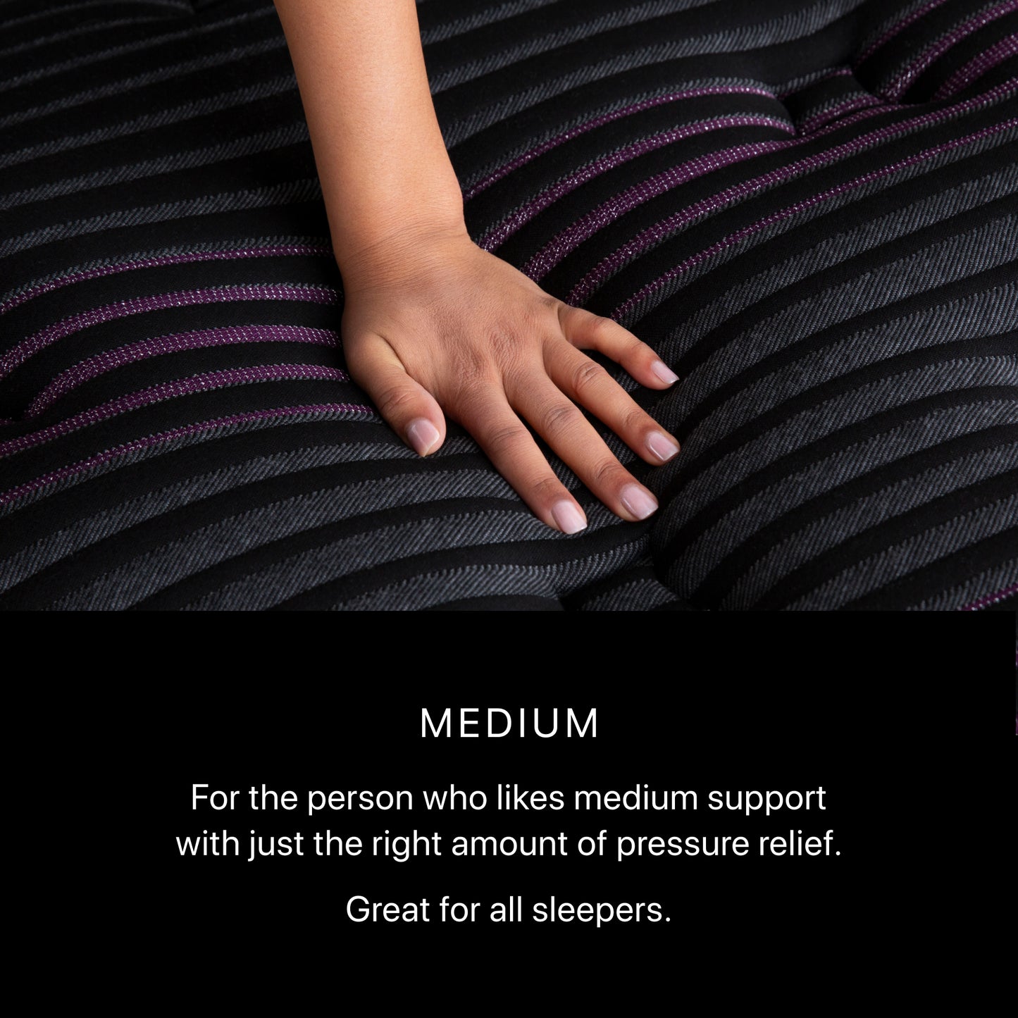 Hand resting on a textured surface with text describing medium support and pressure relief.