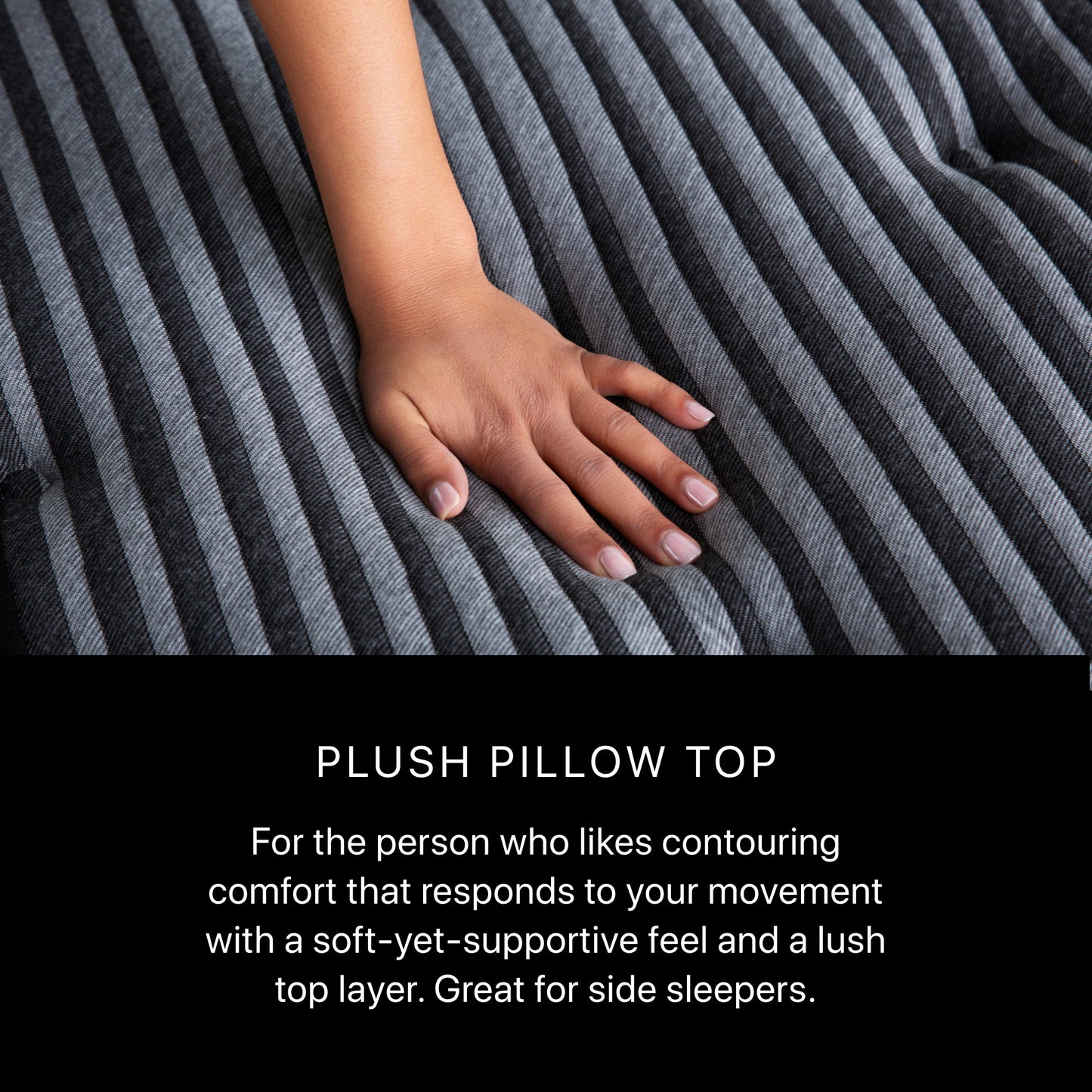 Hand resting on a plush pillow top with text describing its features.
