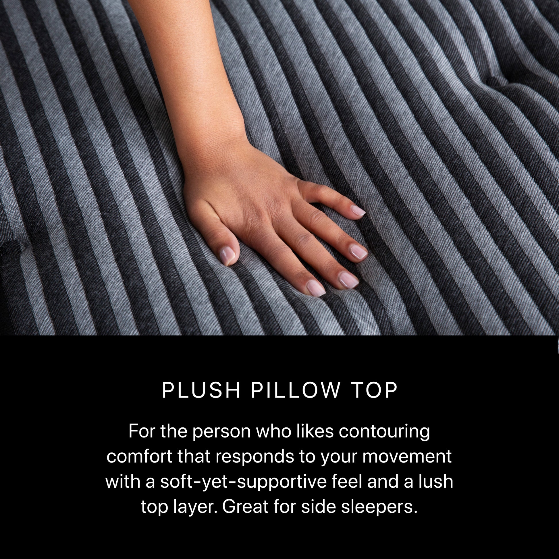 Hand resting on a plush pillow top with text describing its features.