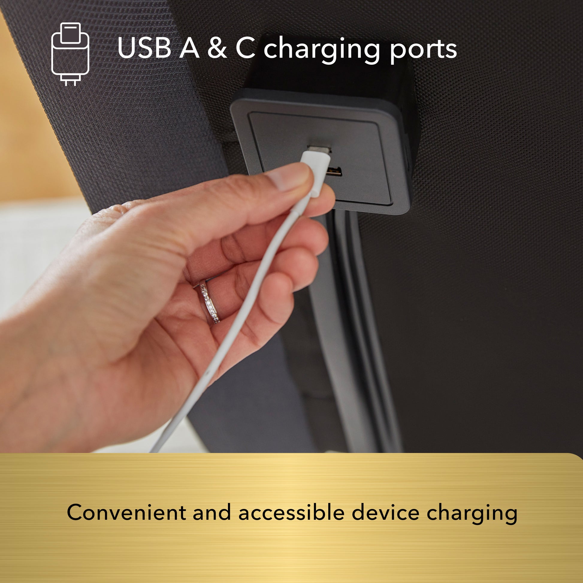 Hand plugging a USB cable into a car's USB A & C charging port with text indicating convenience.